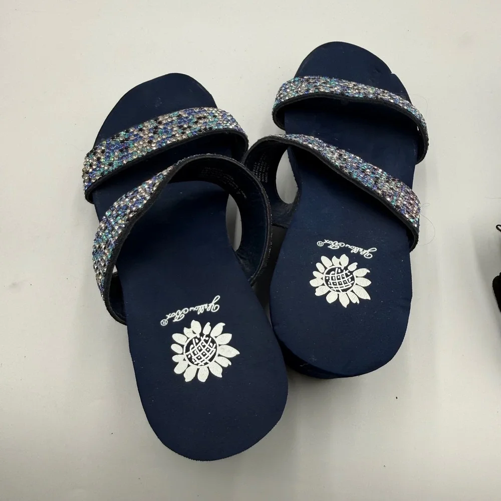 Yellow Box Gazelly Navy Blue Rhinestone Wedge Platform Slide Sandals Womens 7